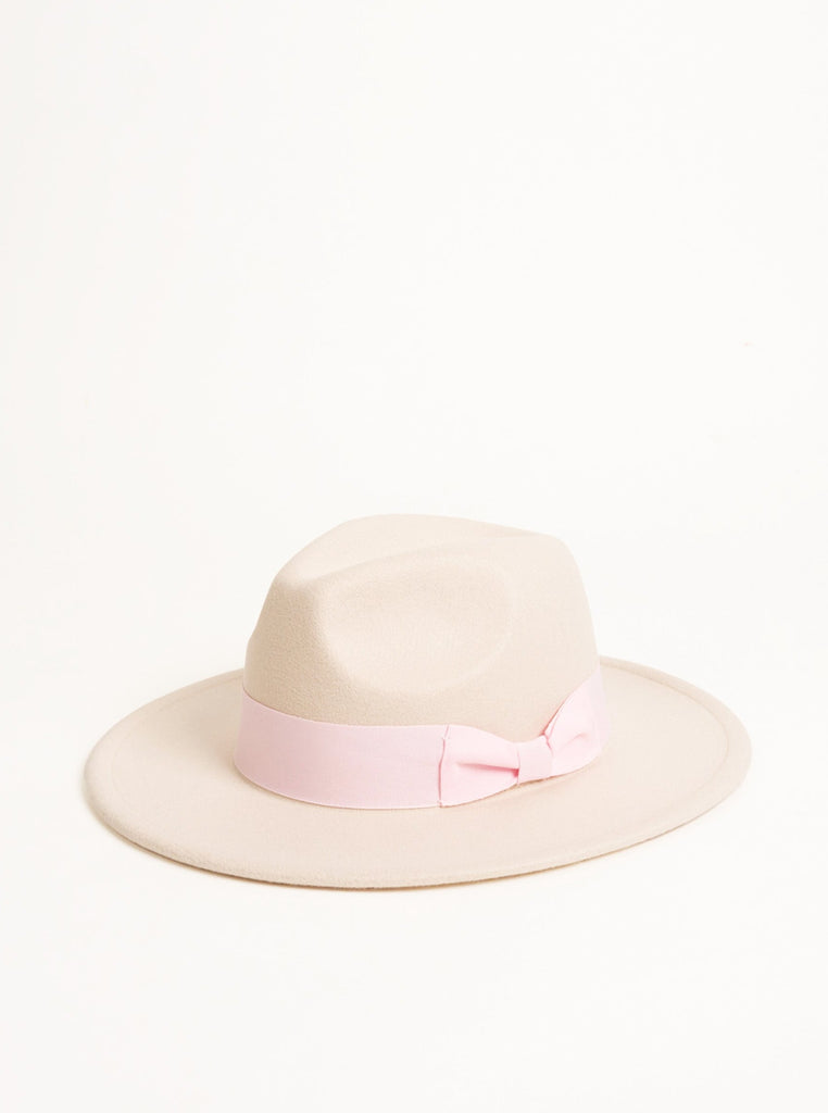 Fedora Hat in Beige with Pink Bow Trim and size adjuster | wedding guest | wedding | Party | Winter | Autumn | Walks | Festival | Holiday | Lolita | Coquette | Women's | Accessories | Hat | Accessory