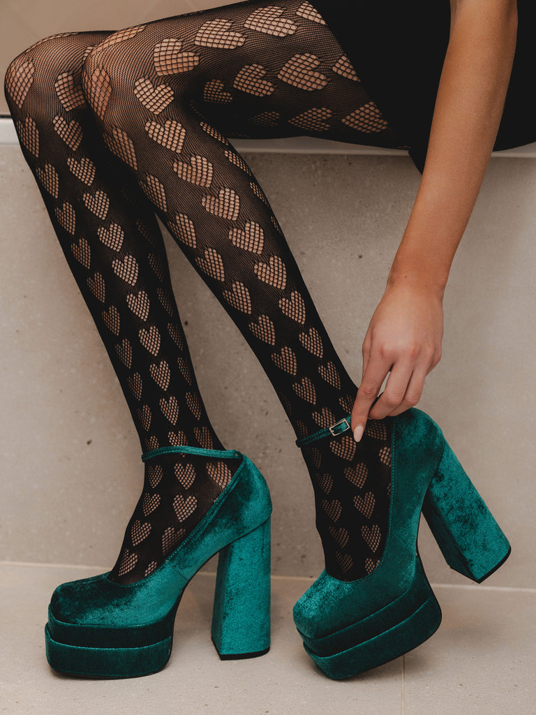 Heart Cut-Out Tights in Black | Hosiery | Autumn | Winter | Party | Occasion | Hearts | Fishnet | Festival | Women's Accessories | Whimsygoth | Gothic | E girl | Halloween | Costume | Barbie | Barbiecore | Cosplay | Soft e girl