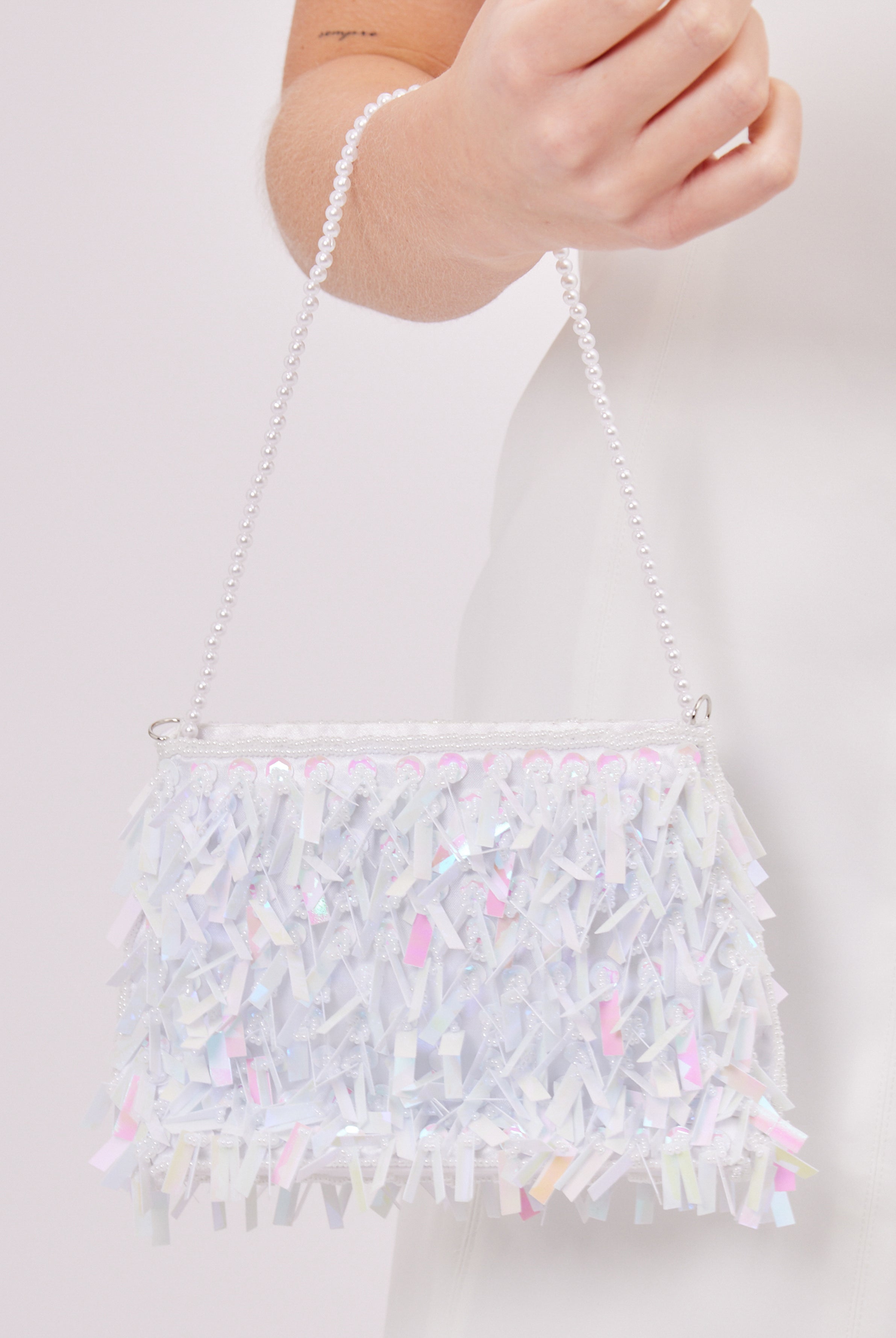 Iridescent Sequin Mini Bag in White | sparkly bag | sequin bag | mini bag | occasion bag | party bag | going out bag | women's party bag | women's bag | wedding bag | wedding guest bag | hen do bag | hen do accessories |