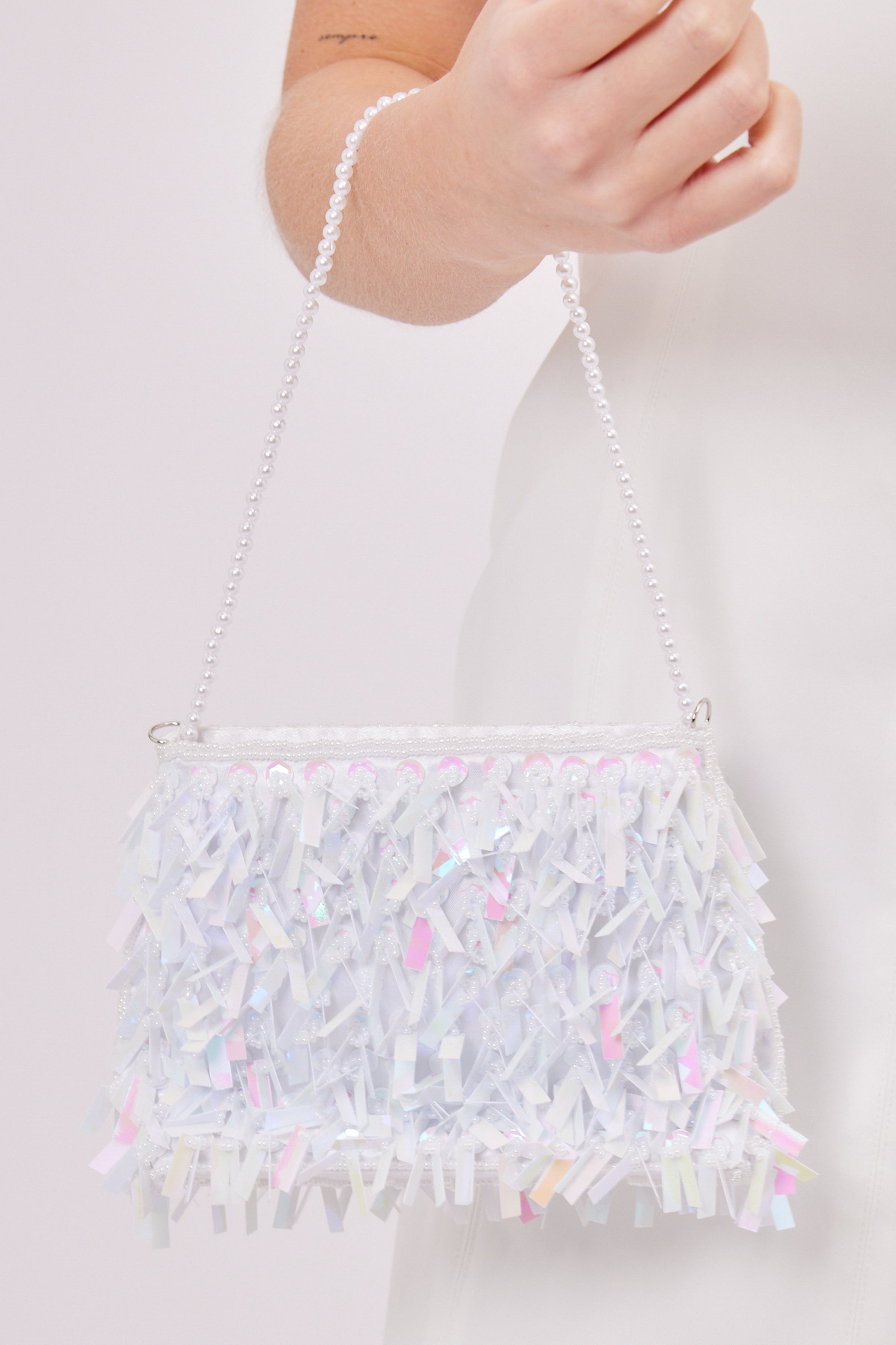 Iridescent Sequin Mini Bag in White | sparkly bag | sequin bag | mini bag | occasion bag | party bag | going out bag | women's party bag | women's bag | wedding bag | wedding guest bag | hen do bag | hen do accessories |