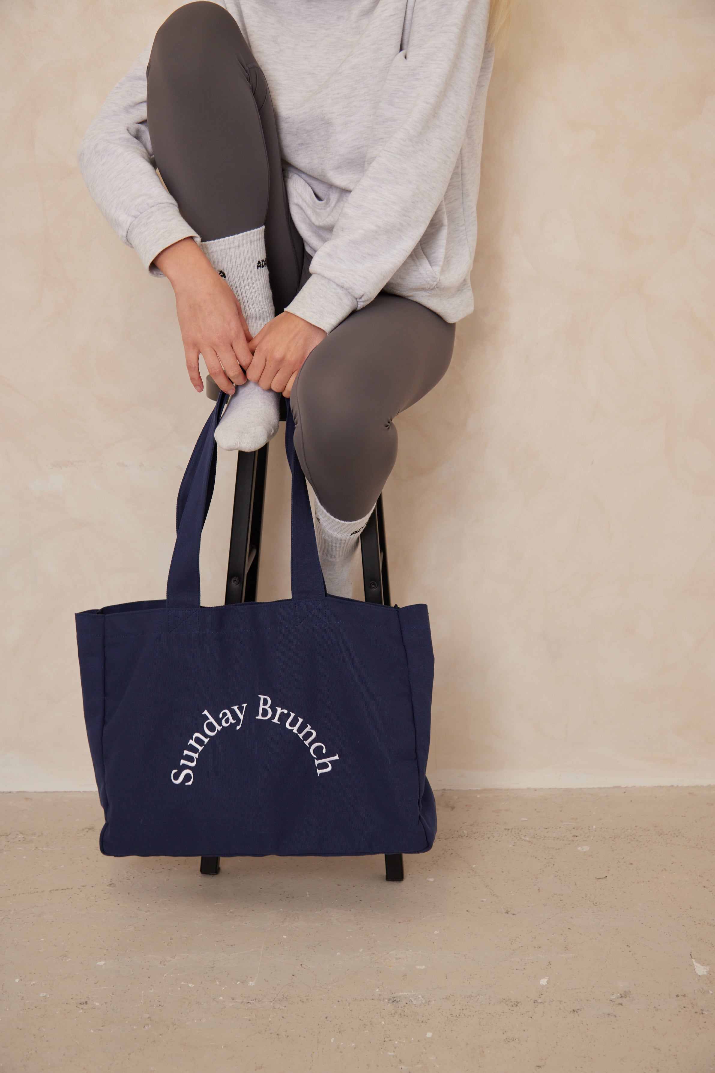 Oversized Canvas Sunday brunch Tote bag in Navy Blue | summer bag | beach bag | tote bag | shopper bag | gym bag | streetwear bag | holiday bag | minimal accessories | Women's bag | women's accessories | unisex tote bag | unisex bag | embroidered tote bag | canvas bag | canvas tote | blue tote bag | athleisure bag |