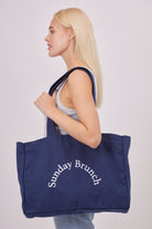 Oversized Canvas Sunday brunch Tote bag in Navy Blue | summer bag | beach bag | tote bag | shopper bag | gym bag | streetwear bag | holiday bag | minimal accessories | Women's bag | women's accessories | unisex tote bag | unisex bag | embroidered tote bag | canvas bag | canvas tote | blue tote bag | athleisure bag |