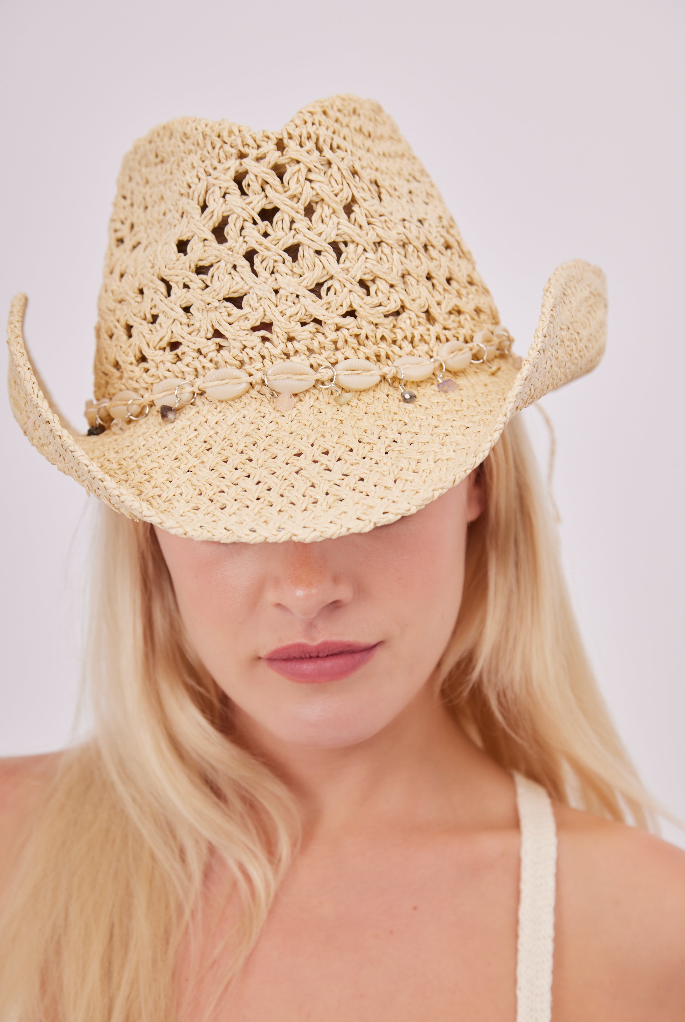 Cowboy Hat with Faux Shell Trim in Beige | summer hat | festival hat | festival accessories | holiday hat | holiday accessories | beach hat | beach accessories | hats | hat | cowboy | western accessories | costumer accessories | cowgirl costume | cowgirl hat | shell trim | women's accessories | women's hats | party accessories | hen do accessories