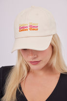 My Accessories London Golden Hour Baseball Cap in Beige | summer hat | spring hat | beach hat | embroidered cap | embroidered accessories | sporty | sporty cap | sporty accessories | athleisure cap | activewear accessories | loungewear accessories | casual cap | casual hats | streetwear cap | street style cap | coastal core cap | women's hats | women's accessories | women's caps