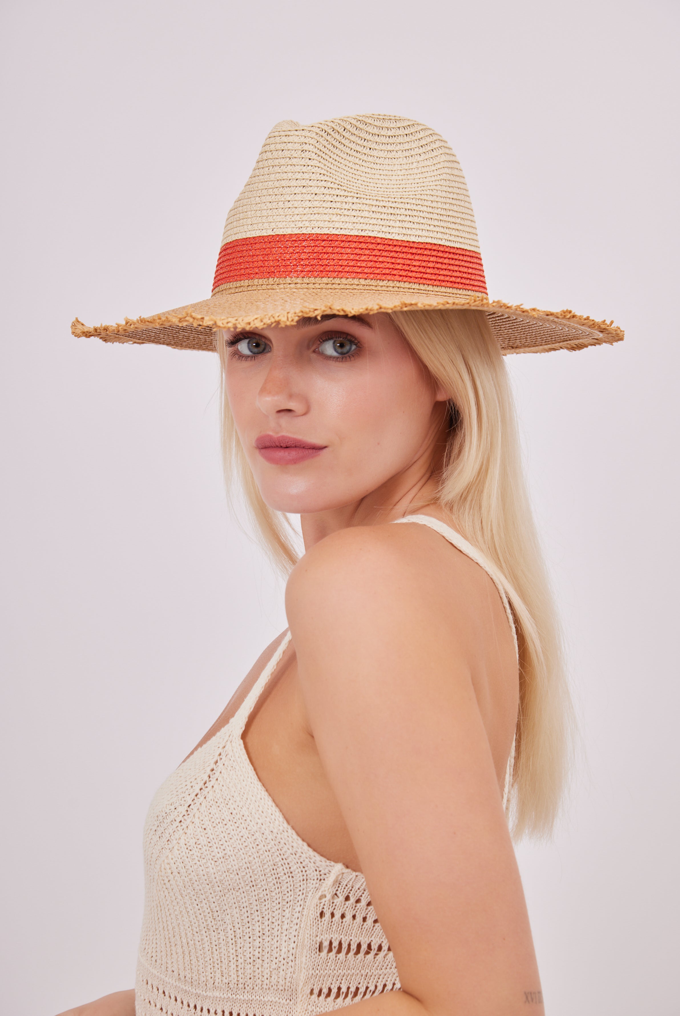 Contrast Straw Fedora with Frayed Edge in Multicoloured | straw hat | beach hat | fedora hat | fedora | women's hat | women's hats | frayed hat | frayed edge accessories | women's accessories | women's hat | two tone hat | beach hat | summer hat | holiday hat | festival hat | city break accessories | tomato girl accessories | tomato girl hat | hats | hat