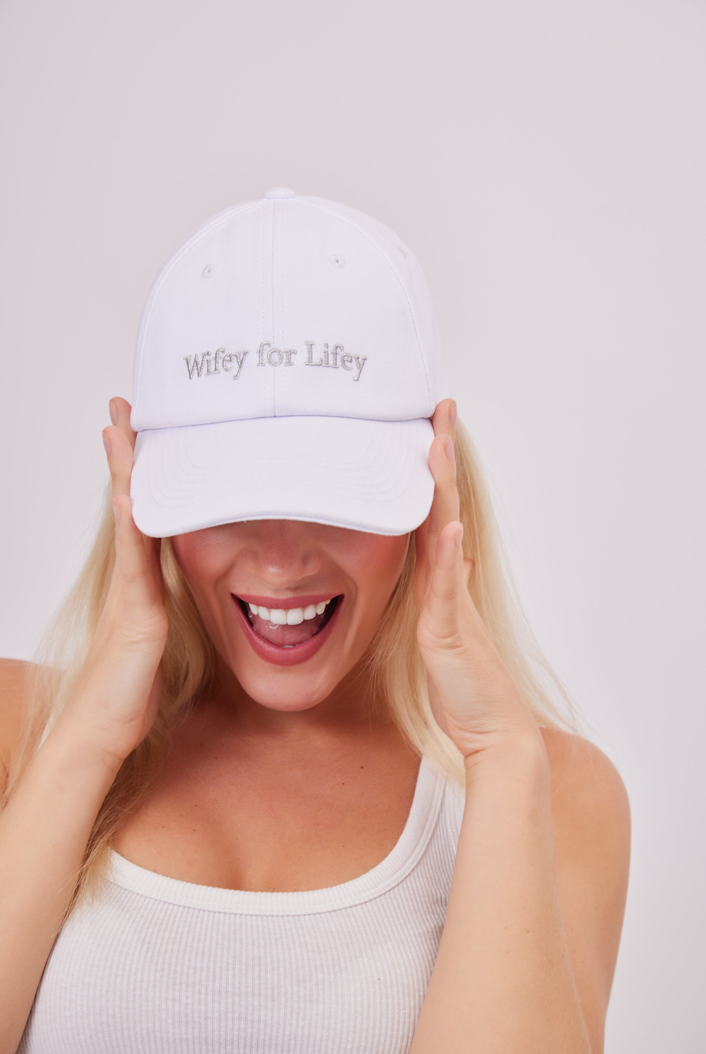 Wifey For Lifey Baseball Cap in White and Silver | bride tribe | bridal accessories | hen do accessories | hen party accessories | bachelorette accessories | hen do hat | hen party hat | bride hat | bridal hat | embroidered bride cap | wedding accessories | bride accessories | wedding party | wedding party accessories