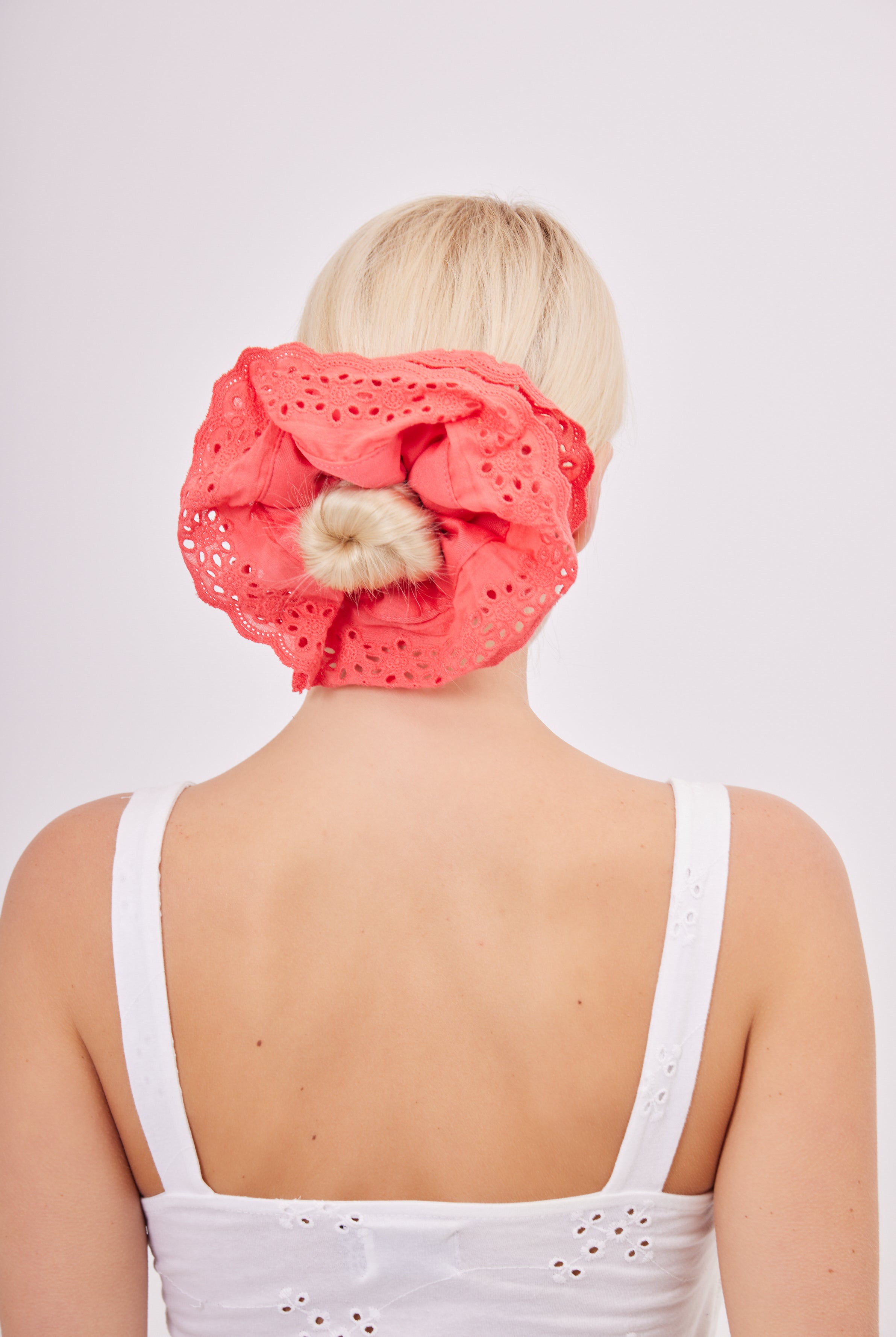 Oversized Frill Lace Scrunchie in Red  | tomato girl | tomato girl hair accessories | tomato girl scrunchie | oversized scrunchie | broderie scrunchie | lolita hair accessories | lolita scrunchie | women's hair accessories | women's scrunchie | holiday hair accessories | beach hair accessories | summer hair accessories | red hair accessories  