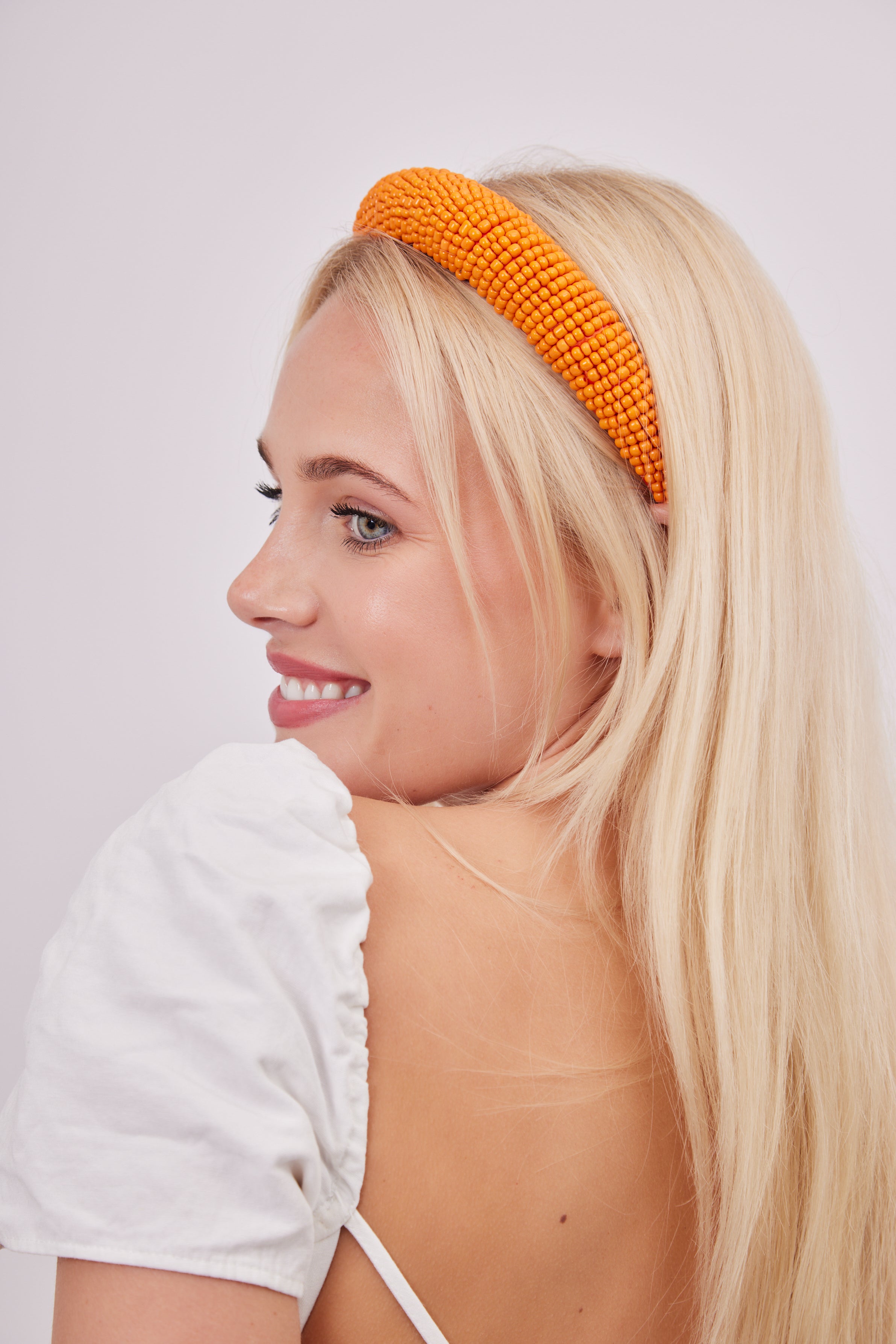 Solid Beaded headband in orange | beaded headbands | beaded hair accessories | occasion accessories | occasion headband | wedding headband | wedding hair accessories | wedding guest hair accessories | bridesmaids hair accessories | summer hair accessories | tomato girl | tomato girl hair accessories | women's hair accessories | women's headband |