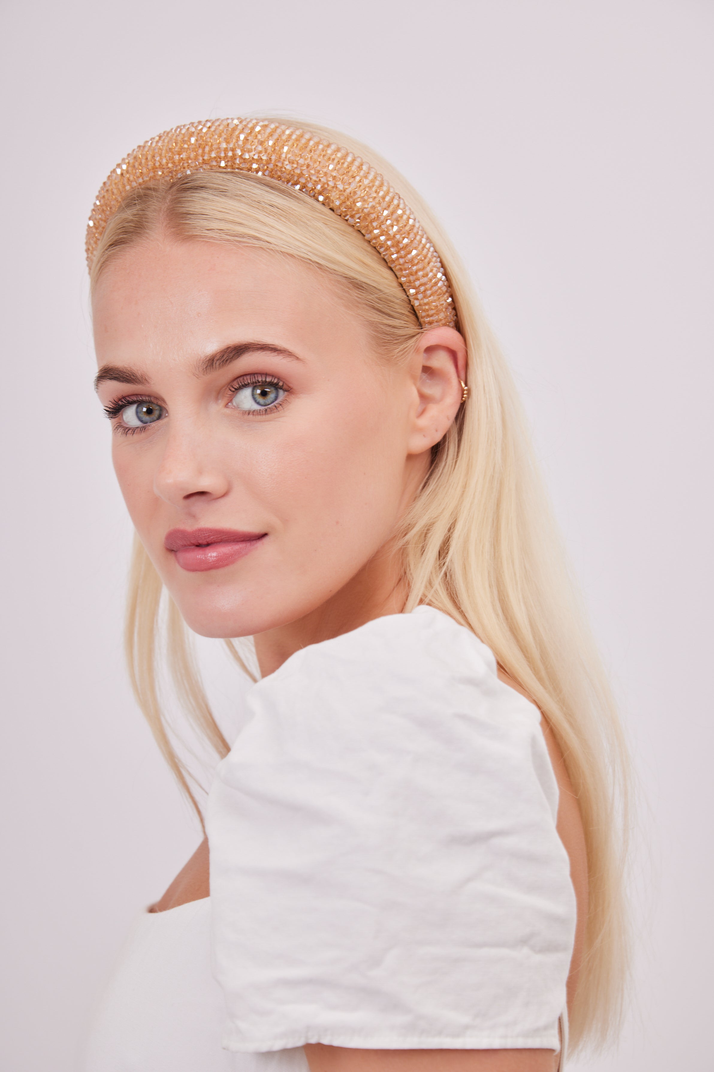 Beaded Headband in Champagne | hair accessories | beaded accessories | occasion headband | occasion accessories | quiet luxury accessories | headband | sparkly headband | glittery headband | embellished headband | women's hair accessories | women's headband | glam hair accessories | brunch hair accessories | summer hair accessories | spring hair accessories | 