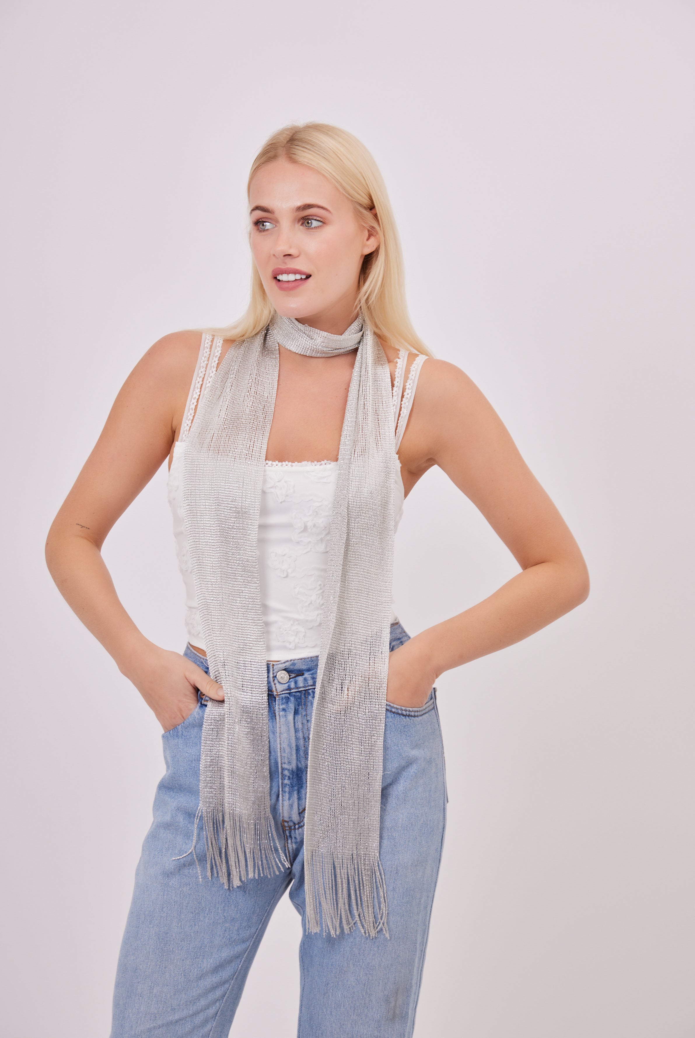 Metallic Mesh Skinny Scarf in Silver | lightweight scarf | skinny scarf | Y2k accessories | Y2K scarf | nostalgic accessories | women's accessories | women's scarf | silver scarf | streetwear accessories | party accessories | festival accessories | 