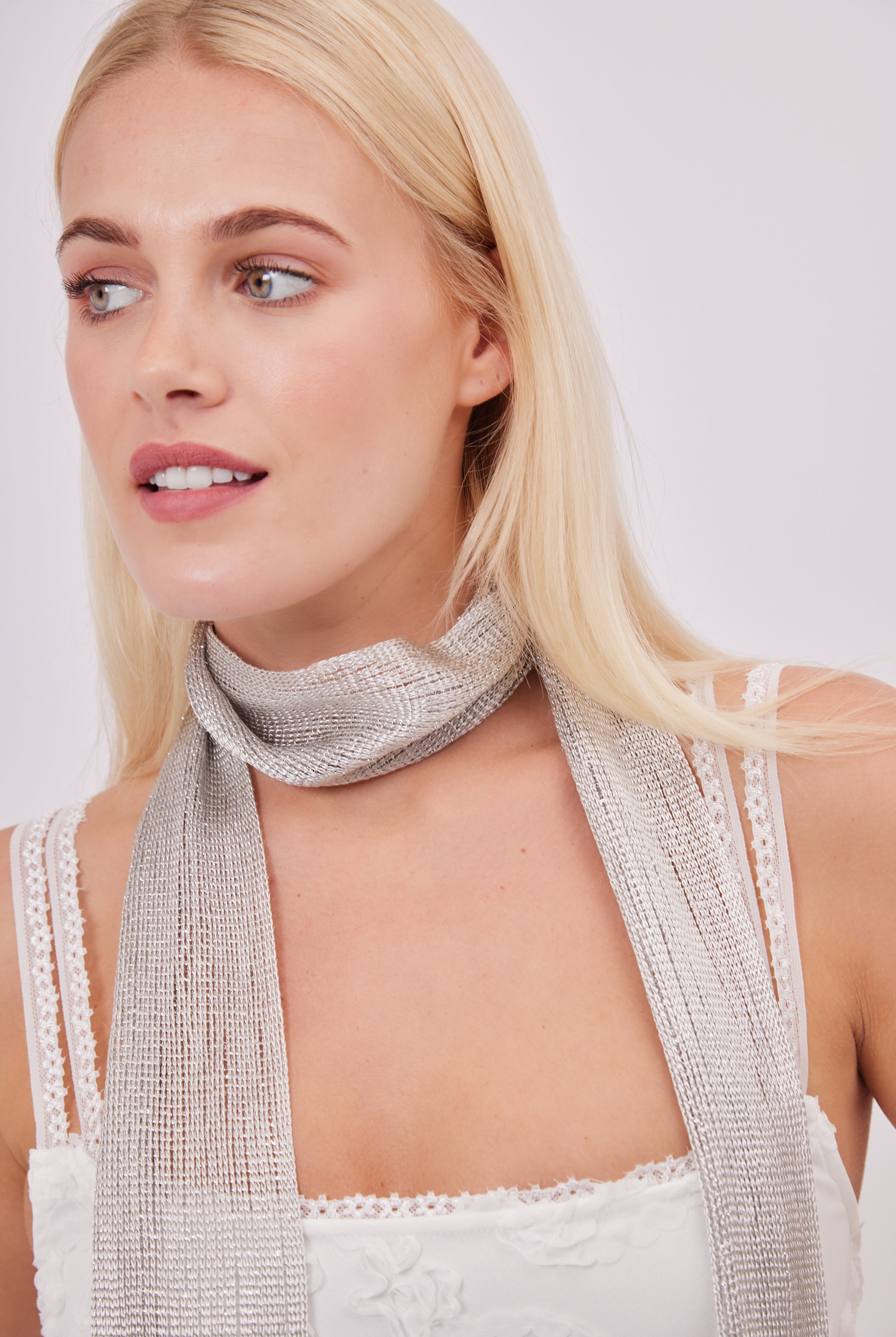 Metallic Mesh Skinny Scarf in Silver | lightweight scarf | skinny scarf | Y2k accessories | Y2K scarf | nostalgic accessories | women's accessories | women's scarf | silver scarf | streetwear accessories | party accessories | festival accessories |