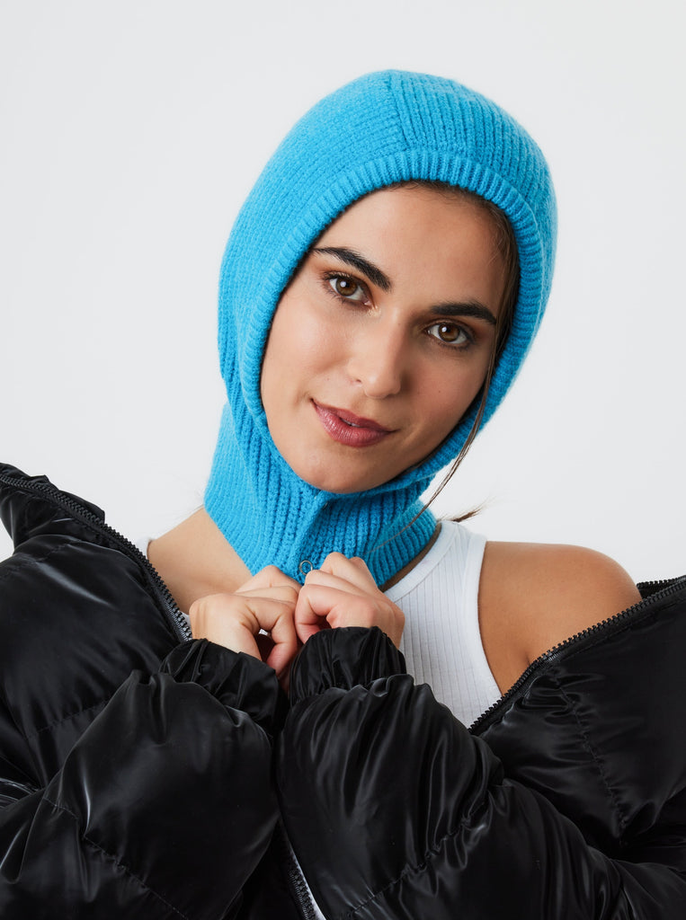 My Accessories London Button Up Balaclava in Blue | Knitted | Ski | Skiing | Outdoor | Winter | Autumn | Cold Weather | Walking | Hiking | Hood | Streetstyle | Women's Gorpcore