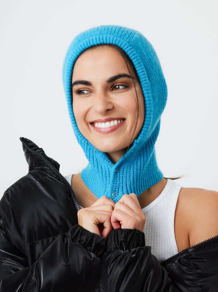 My Accessories London Button Up Balaclava in Blue | Knitted | Ski | Skiing | Outdoor | Winter | Autumn | Cold Weather | Walking | Hiking | Hood | Streetstyle | Women's Gorpcore