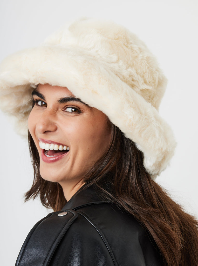 Fur Plush Bucket Hat in White | Women's Accessories | Autumn | Winter | Faux Fur | 90's | Retro | women's bucket hat | My Accessoires London fur bucket hat | Oversized bucket hat | cream fur