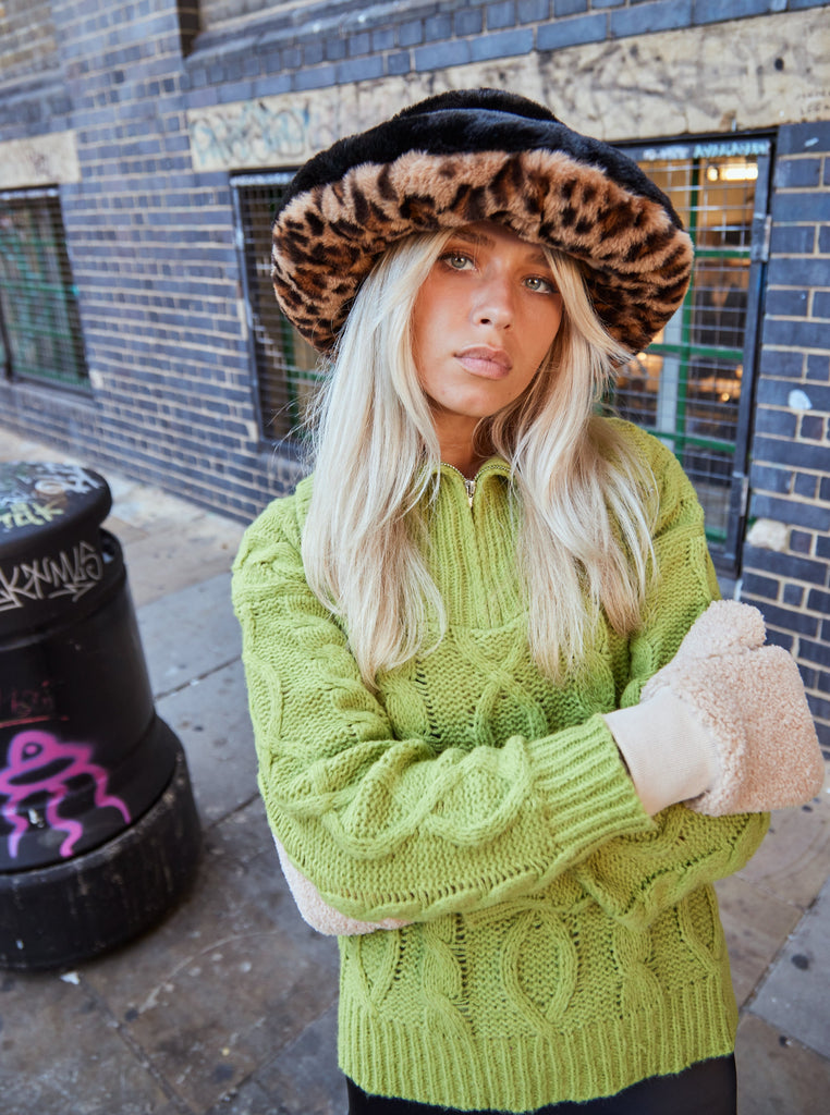 Fur Plush Bucket Hat in Leopard | Women's Accessories | Autumn | Winter | Faux Fur | 90's | Retro | Oversized bucket hat