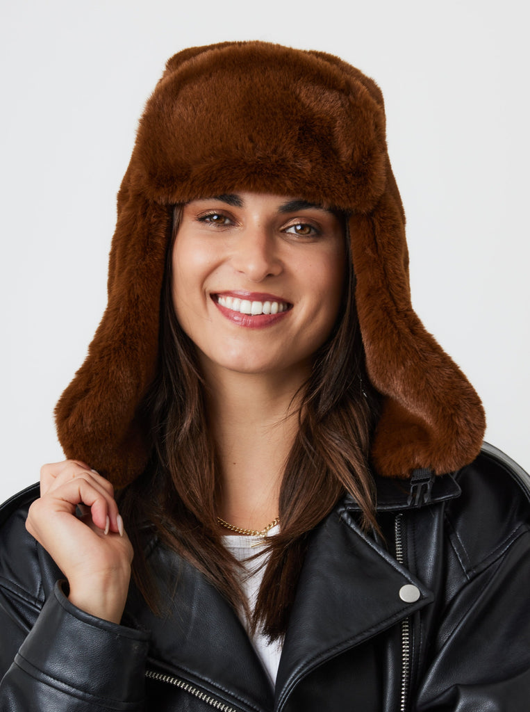 Faux Fur Trapper in Brown | Hats | Hat | Cold Weather | Casual | Ski | Winter | Autumn | Walks | Pub | Streetstyle | Women's Accessories | Teddy | Vegan | Fluffy | Present | Christmas |