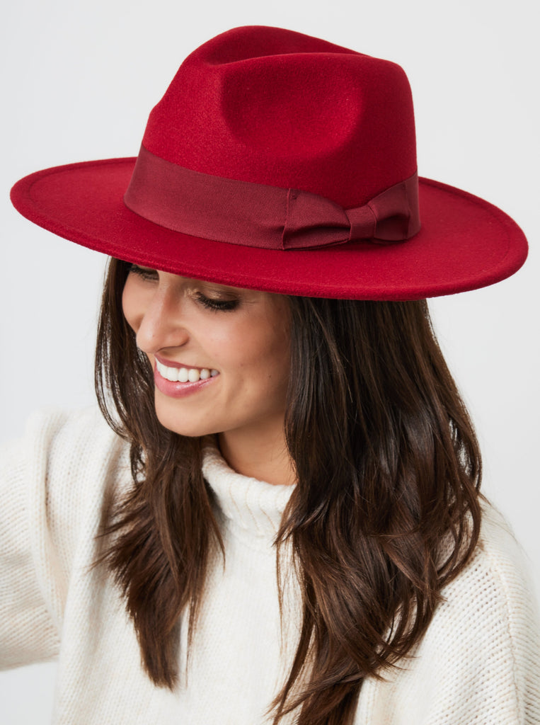 My Accessories London Fedora with Bow Trim in Red | Hat | Women's Accessories | Ladies Winter Hat | Autumn Burgundy Hat | Wine Red hat | Autumn Accessories | Walks | Indie | Elevated indie | Grunge | Fall | Autumnal | 