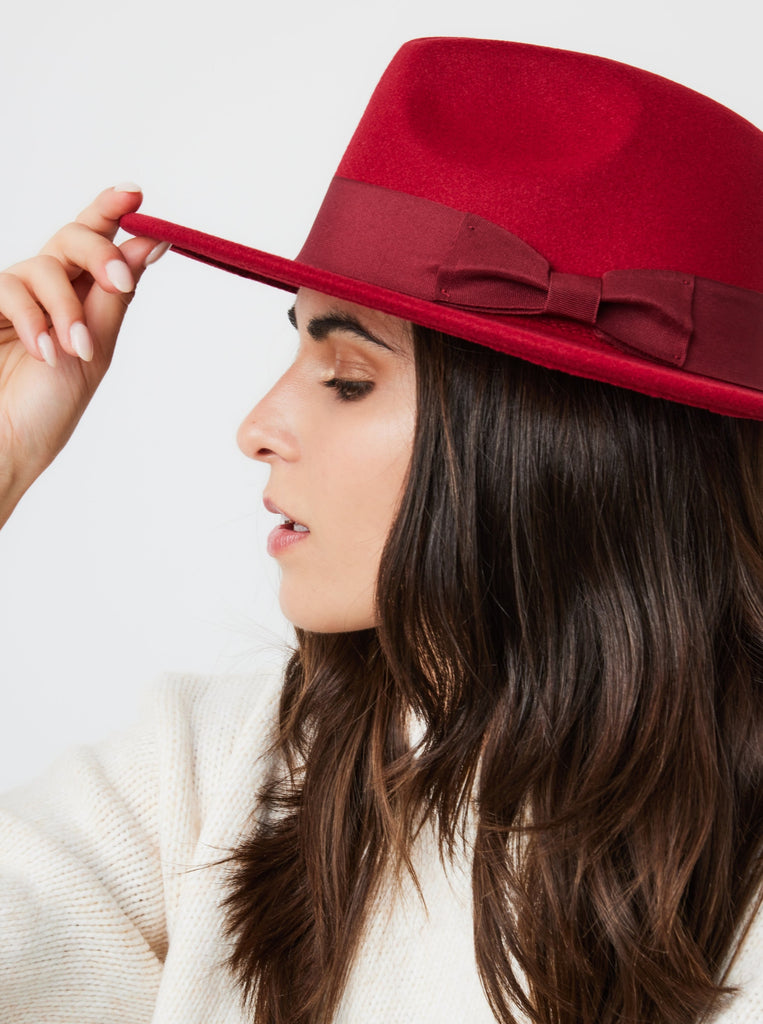 My Accessories London Fedora with Bow Trim in Red | Hat | Women's Accessories | Ladies Winter Hat | Autumn Burgundy Hat | Wine Red hat | Autumn Accessories | Walks | Indie | Elevated indie | Grunge | Fall | Autumnal | 