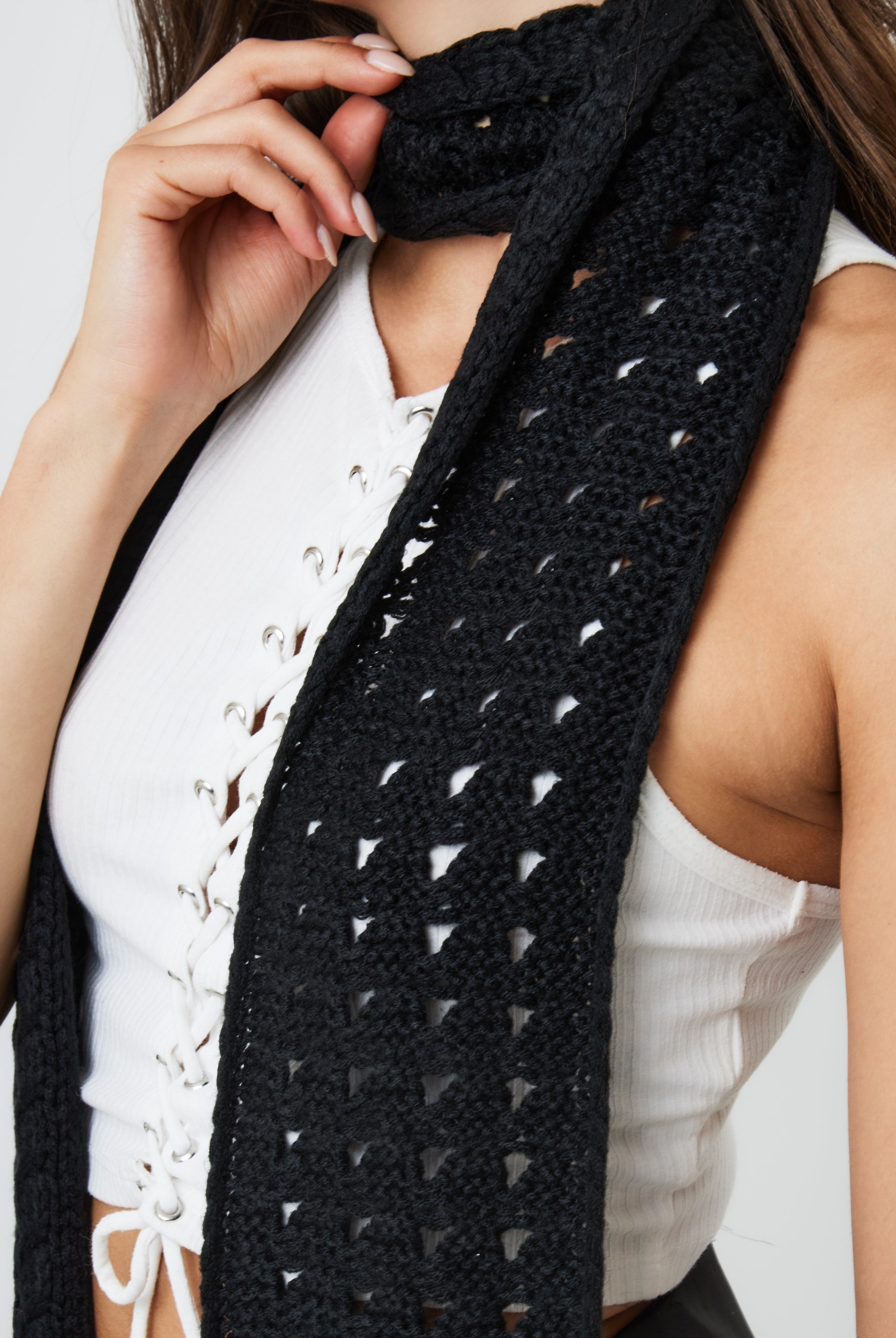 Skinny Crochet Scarf in Black | Women's Accessories | winter | autumn | 90s | retro | crochet | Craftcore | Grunge | Indie | Elevated indie | grunge sleaze | E girl | Y2k | Streetwear | Streetstyle | Women | Winter accessories | Autumn Accessories | Women Accessories 