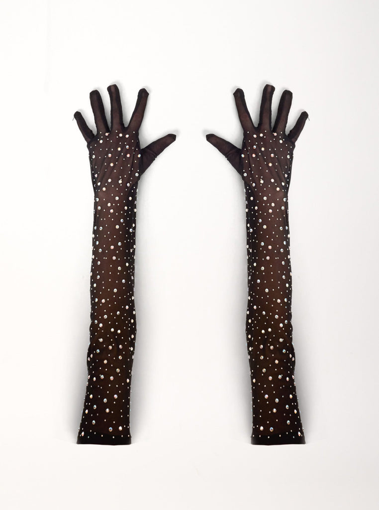 Over the Elbow Mesh Rhinestone Gloves in Black | gloves | party | occasion | festival | event | new years | new year | Christmas | present | Costume | halloween | Diamante | rhinestone | Embellished | glam | going out | Women's Accessories | accessories | mesh gloves | 