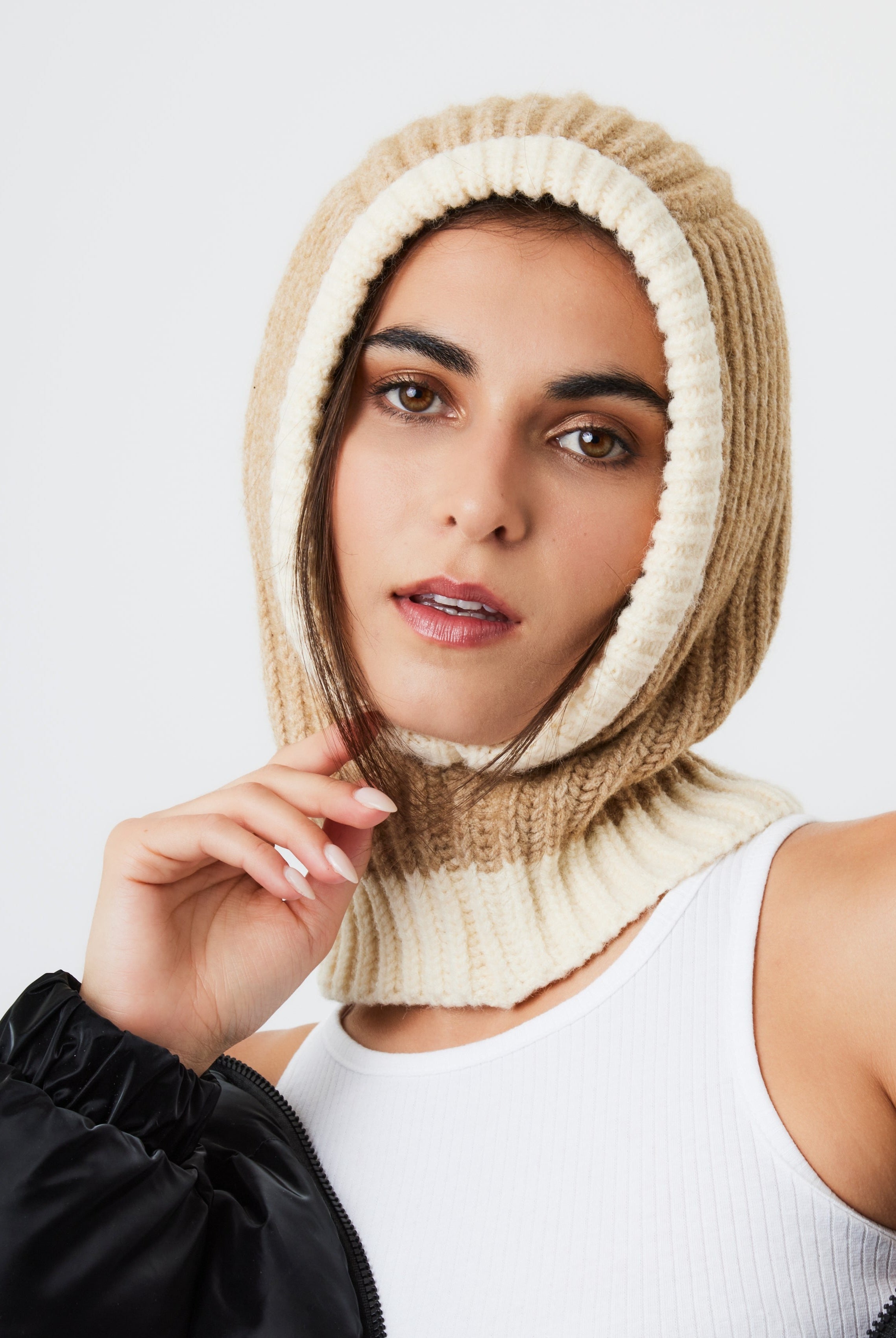 Loose Fit Ribbed Knit Balaclava in Beige | knitted | knitwear | ski | Skiing | Winter | Autumn | Plaza core | Winter Accessories | Autumn Accessories |  