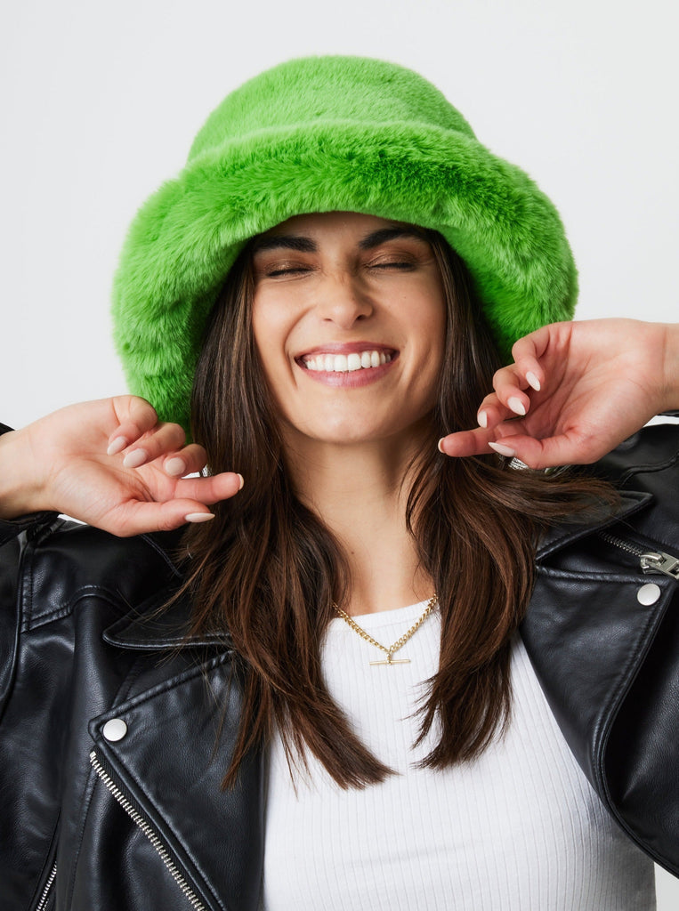Fur Bucket Hat in Green | Faux fur | Quirky | weird girl aesthetic | vegan | winter | autumn | fall | Winter accessories | Autumn accessories | fall accessories | women's accessories | accessory | women | streetwear | bright | colourful | fluffy | 