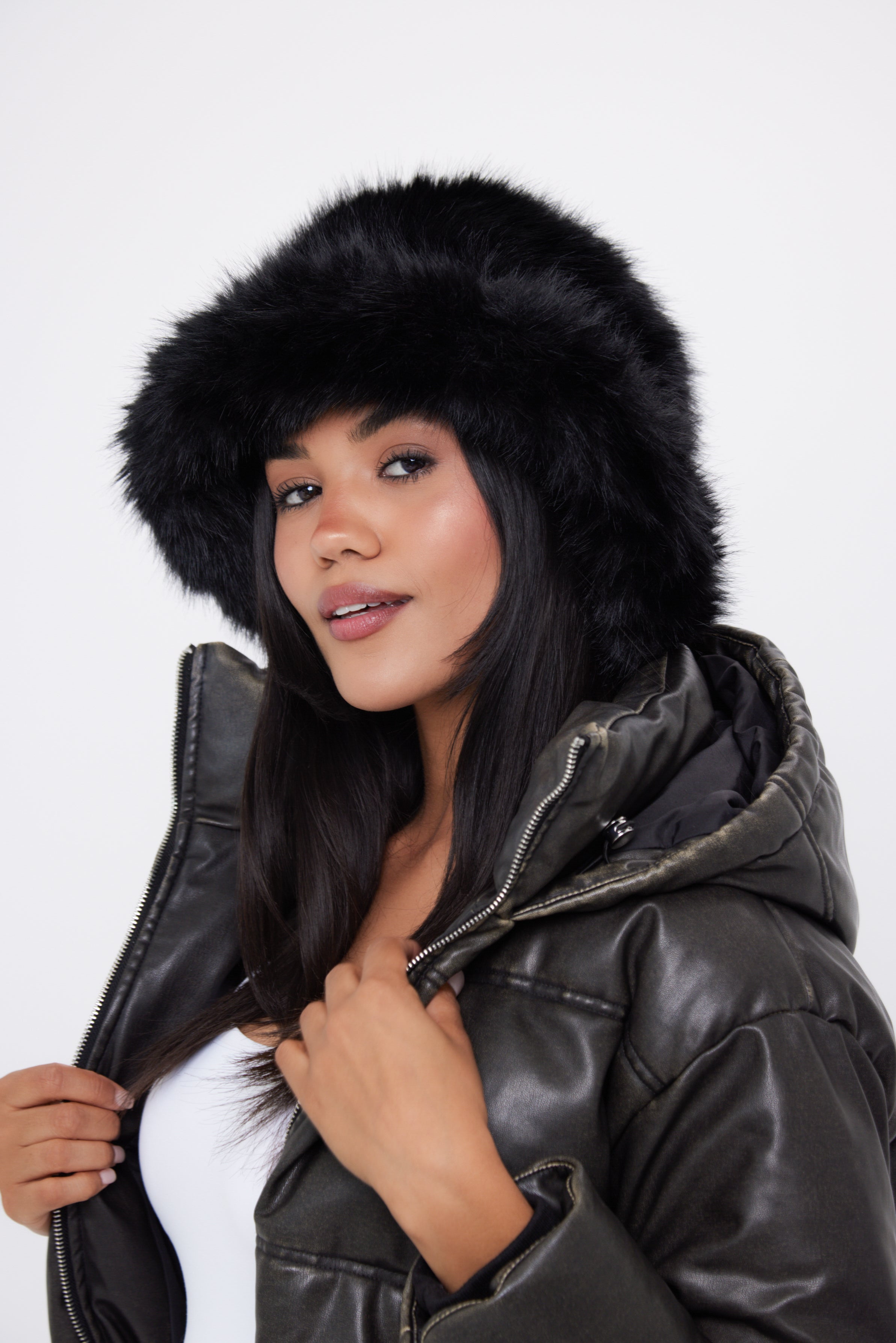 Women's stylish and ultra fluffy bucket hat made with soft faux fur in black - My Accessories London