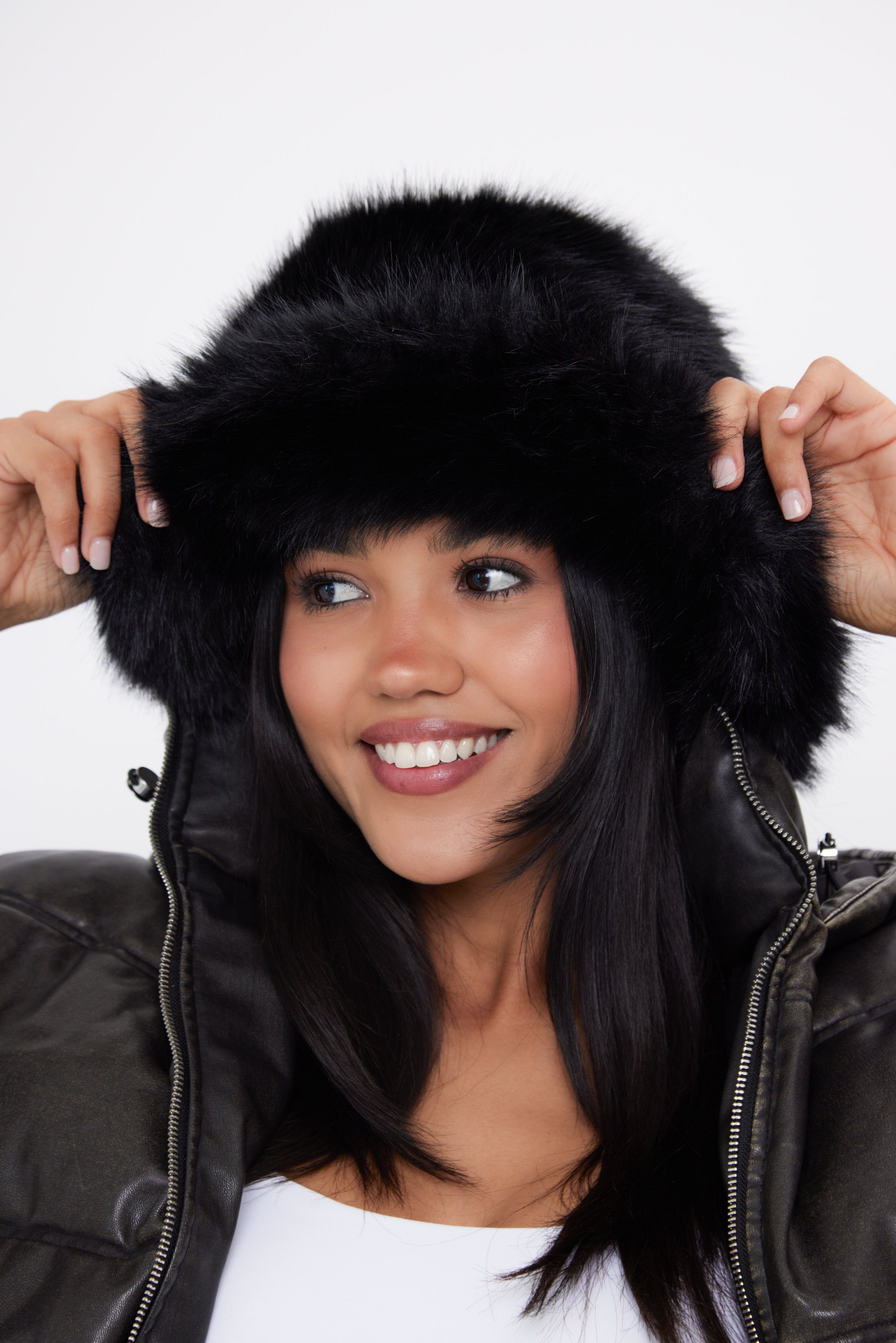 Women's stylish and ultra fluffy bucket hat made with soft faux fur in black - My Accessories London