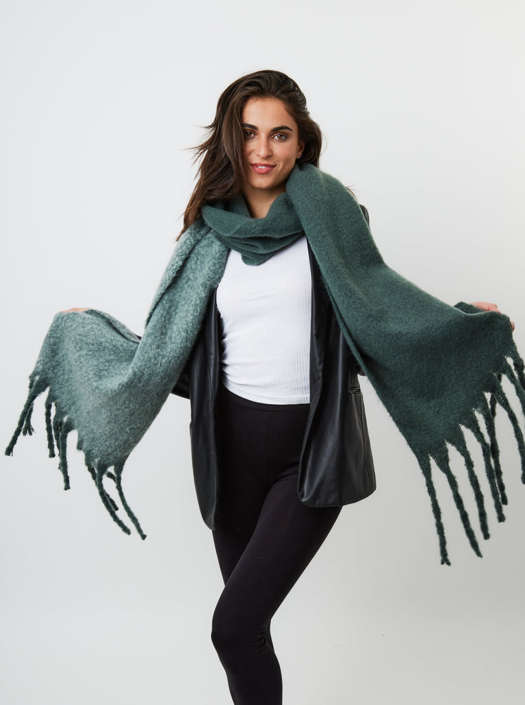 Chunky Soft Scarf with Contrast Fringing in Green | Two Tone | Ombre | Super Soft Scarf | Oversized Scarf | Winter | Autumn | Ski Season | Skiing | Ski | Unisex | Streetwear | Streetstyle | Winter Accessories | Autumn Accessories | Women | Fall | Fall Accessories | Women's Accessories | Fall Style | Autumn Style | Winter Style | Grunge | Indie | Elevated Indie  