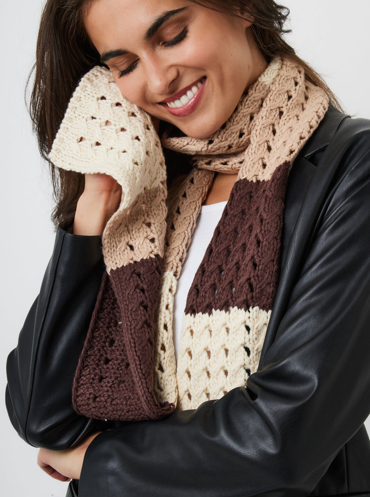 Striped Skinny Crochet Knit Scarf in Brown | Knitwear | Crochet Accessories | Crochet | Granny Square | Patchwork | Striped Scarf | Plaza Core | Weird Girl | 90s | Rachel Green | Women | Winter accessories | Autumn Accessories | fall Accessories | Accessories | Accessory | Streetwear | Streetstyle | Craftcore | Arty | Indie | Elevated Indie | 