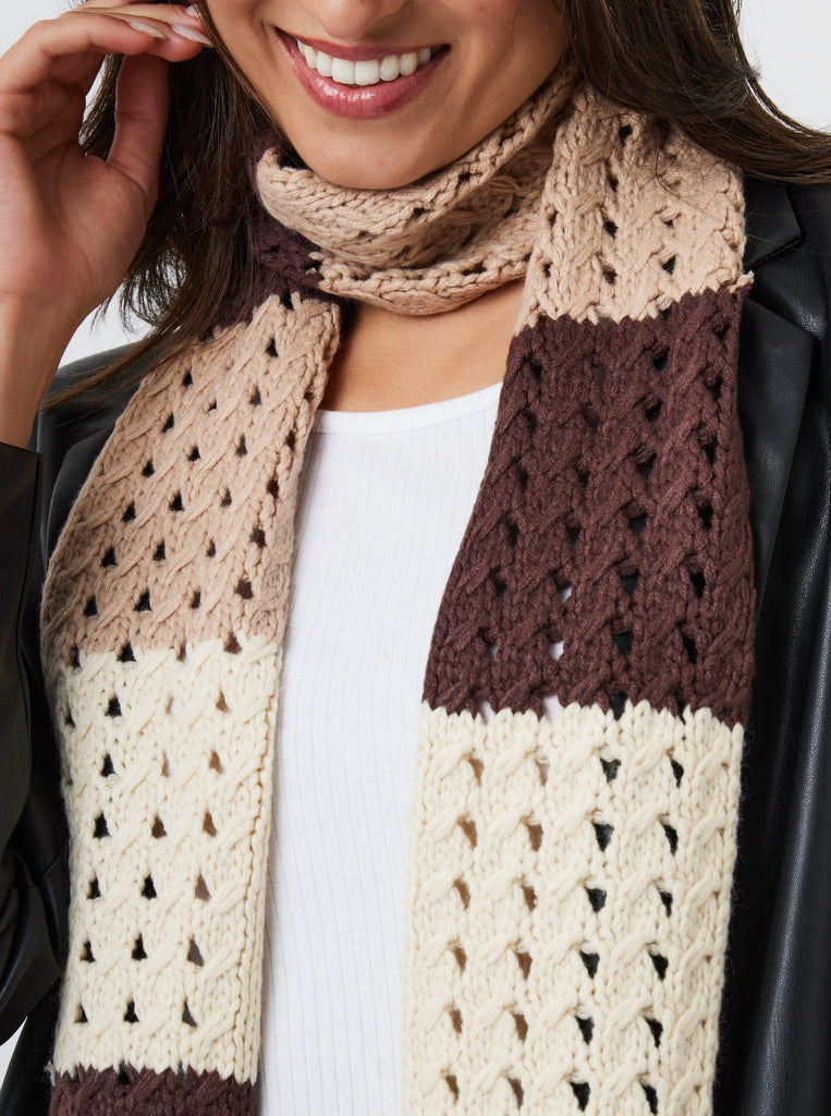 Striped Skinny Crochet Knit Scarf in Brown | Knitwear | Crochet Accessories | Crochet | Granny Square | Patchwork | Striped Scarf | Plaza Core | Weird Girl | 90s | Rachel Green | Women | Winter accessories | Autumn Accessories | fall Accessories | Accessories | Accessory | Streetwear | Streetstyle | Craftcore | Arty | Indie | Elevated Indie | 