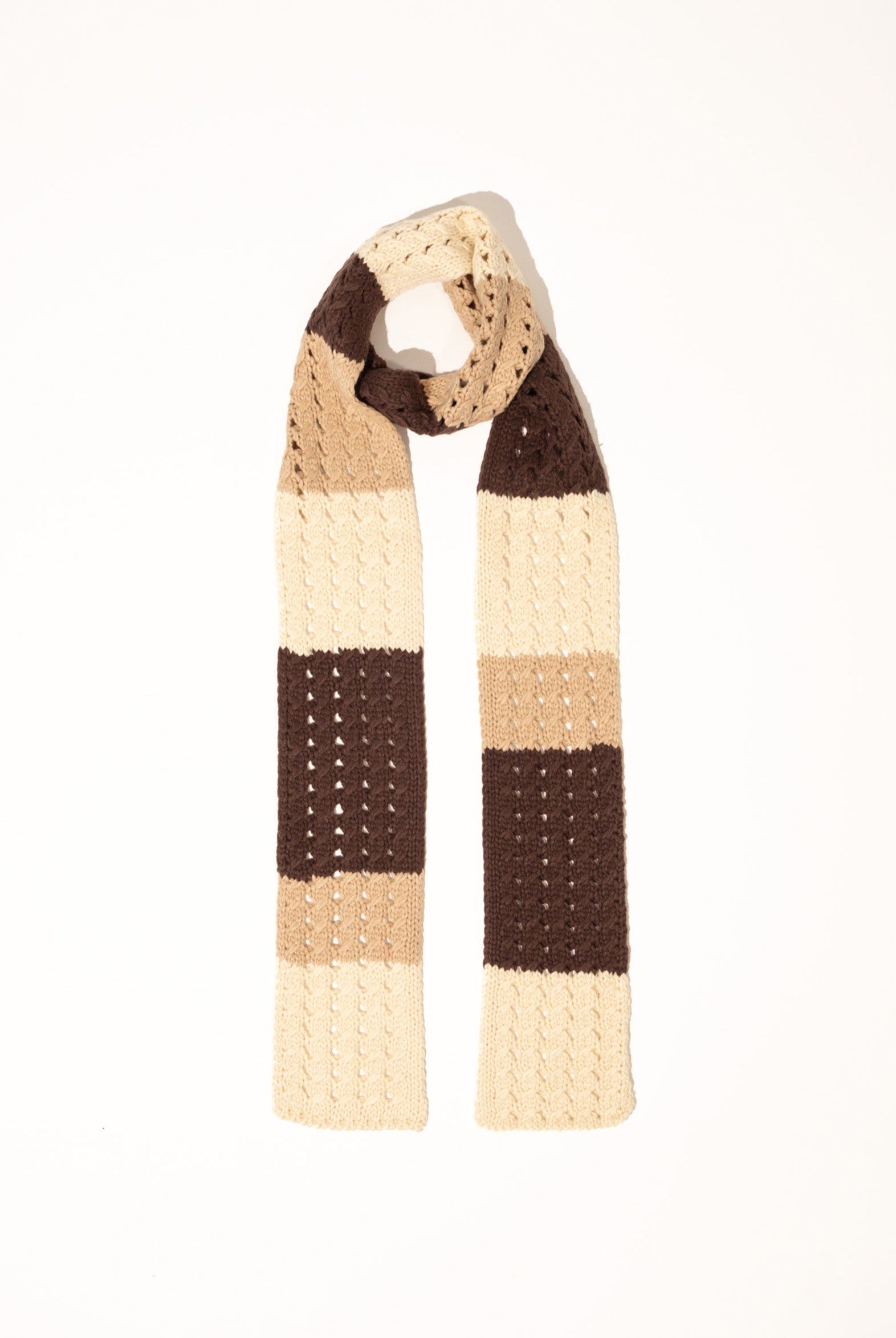 Striped Skinny Crochet Knit Scarf in Brown | Knitwear | Crochet Accessories | Crochet | Granny Square | Patchwork | Striped Scarf | Plaza Core | Weird Girl | 90s | Rachel Green | Women | Winter accessories | Autumn Accessories | fall Accessories | Accessories | Accessory | Streetwear | Streetstyle | Craftcore | Arty | Indie | Elevated Indie |