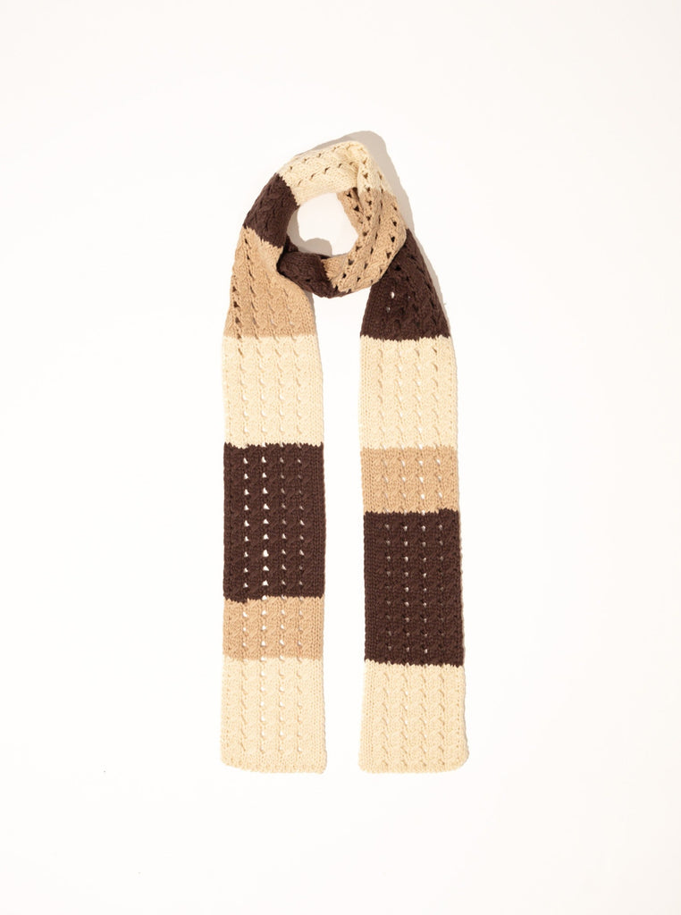 Striped Skinny Crochet Knit Scarf in Brown | Knitwear | Crochet Accessories | Crochet | Granny Square | Patchwork | Striped Scarf | Plaza Core | Weird Girl | 90s | Rachel Green | Women | Winter accessories | Autumn Accessories | fall Accessories | Accessories | Accessory | Streetwear | Streetstyle | Craftcore | Arty | Indie | Elevated Indie |