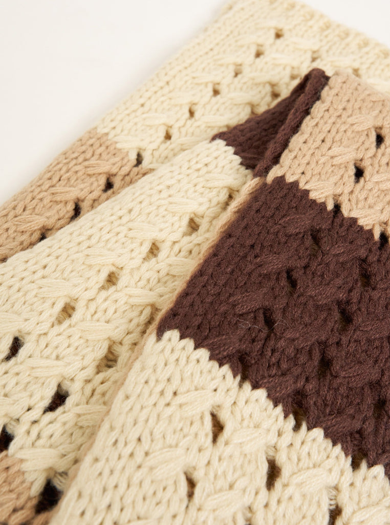 Striped Skinny Crochet Knit Scarf in Brown | Knitwear | Crochet Accessories | Crochet | Granny Square | Patchwork | Striped Scarf | Plaza Core | Weird Girl | 90s | Rachel Green | Women | Winter accessories | Autumn Accessories | fall Accessories | Accessories | Accessory | Streetwear | Streetstyle | Craftcore | Arty | Indie | Elevated Indie |