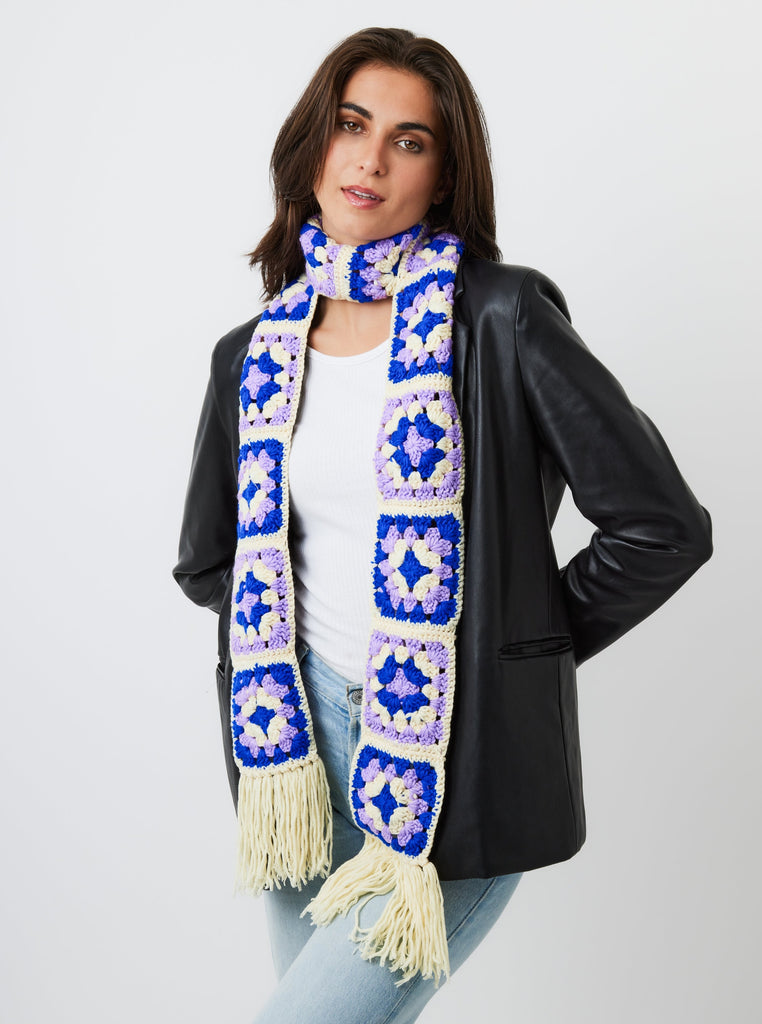 Flower Patch Crochet Scarf in Multicolour | Weird Girl | Craft | Arty | Granny Patch | Crochet | Cream | Lilac | Blue | Purple | Granny square | Patch work | Ski | Skiing | Ski Accessories | Ski Season | Winter | Fall | Autumn | Accessories | Women | Women's | Streetwear | Y2K | Retro 