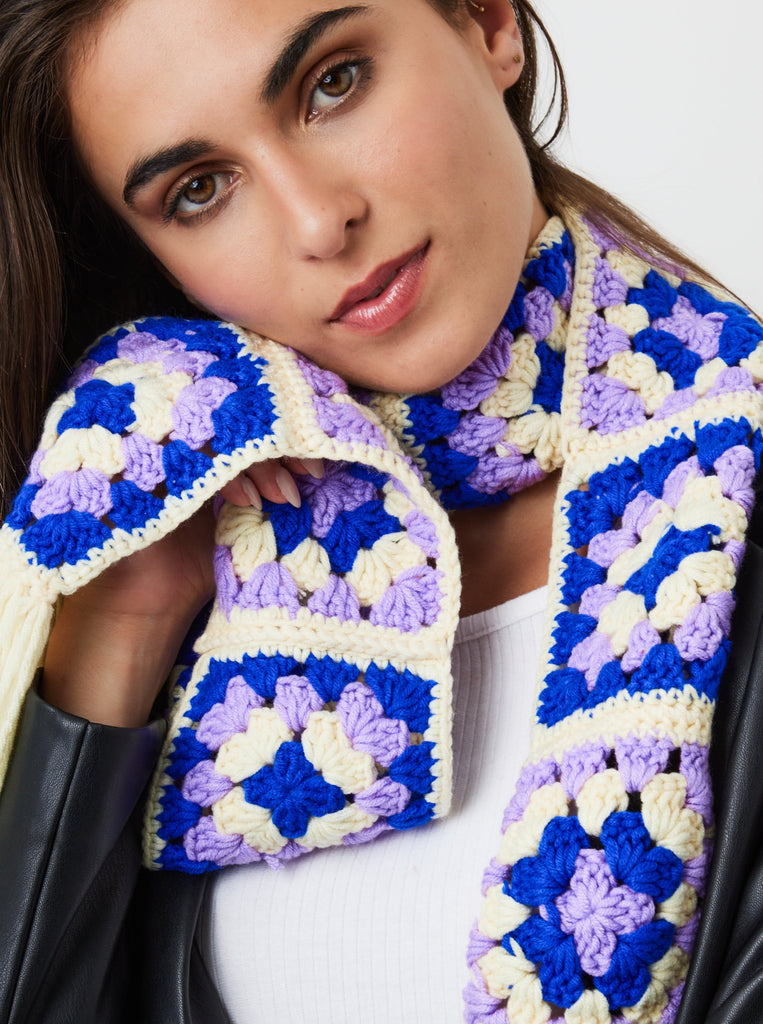 Flower Patch Crochet Scarf in Multicolour | Weird Girl | Craft | Arty | Granny Patch | Crochet | Cream | Lilac | Blue | Purple | Granny square | Patch work | Ski | Skiing | Ski Accessories | Ski Season | Winter | Fall | Autumn | Accessories | Women | Women's | Streetwear | Y2K | Retro 