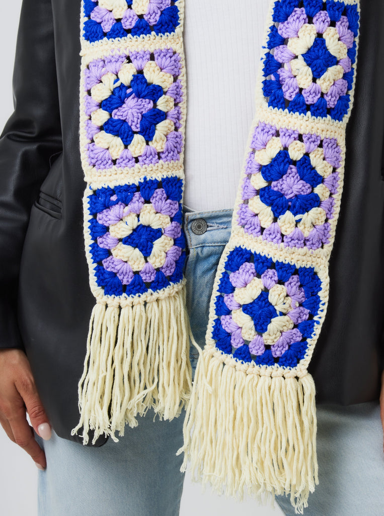 Flower Patch Crochet Scarf in Multicolour | Weird Girl | Craft | Arty | Granny Patch | Crochet | Cream | Lilac | Blue | Purple | Granny square | Patch work | Ski | Skiing | Ski Accessories | Ski Season | Winter | Fall | Autumn | Accessories | Women | Women's | Streetwear | Y2K | Retro 
