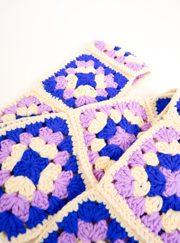 Flower Patch Crochet Scarf in Multicolour | Weird Girl | Craft | Arty | Granny Patch | Crochet | Cream | Lilac | Blue | Purple | Granny square | Patch work | Ski | Skiing | Ski Accessories | Ski Season | Winter | Fall | Autumn | Accessories | Women | Women's | Streetwear | Y2K | Retro 