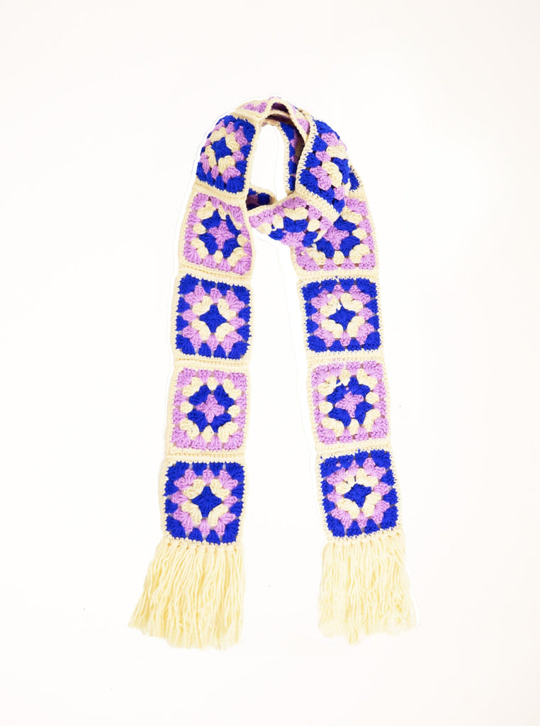 Flower Patch Crochet Scarf in Multicolour | Weird Girl | Craft | Arty | Granny Patch | Crochet | Cream | Lilac | Blue | Purple | Granny square | Patch work | Ski | Skiing | Ski Accessories | Ski Season | Winter | Fall | Autumn | Accessories | Women | Women's | Streetwear | Y2K | Retro