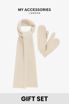 Beige scarf and mittens set with 'My Accessories London' branding on a white background.