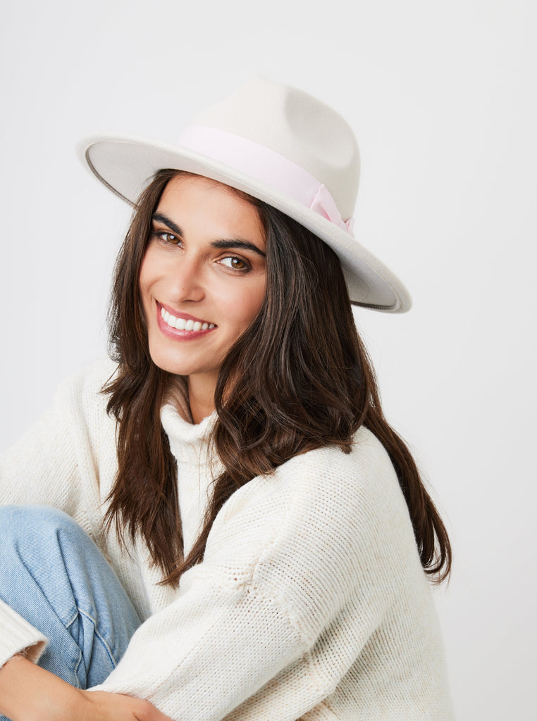 Fedora Hat in Beige with Pink Bow Trim and size adjuster | wedding guest | wedding | Party | Winter | Autumn | Walks | Festival | Holiday | Lolita | Coquette | Women's | Accessories | Hat | Accessory