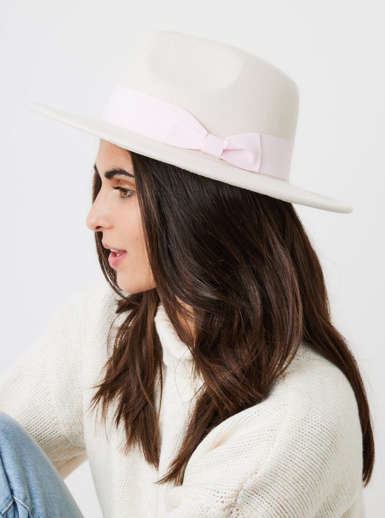 Fedora Hat in Beige with Pink Bow Trim and size adjuster | wedding guest | wedding | Party | Winter | Autumn | Walks | Festival | Holiday | Lolita | Coquette | Women's | Accessories | Hat | Accessory
