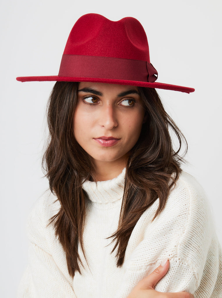My Accessories London Fedora with Bow Trim in Red | Hat | Women's Accessories | Ladies Winter Hat | Autumn Burgundy Hat | Wine Red hat | Autumn Accessories | Walks | Indie | Elevated indie | Grunge | Fall | Autumnal | 