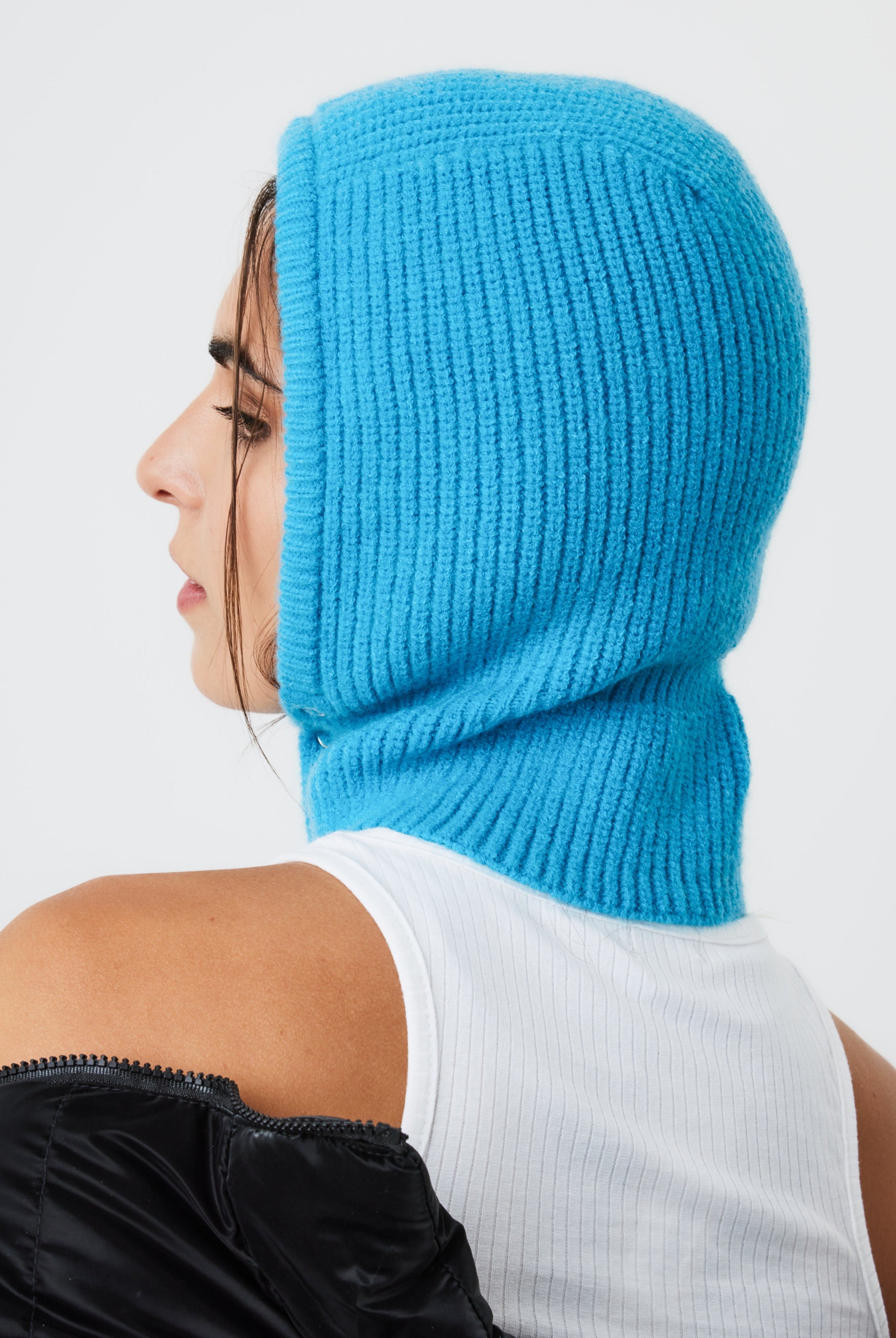 My Accessories London Button Up Balaclava in Blue | Knitted | Ski | Skiing | Outdoor | Winter | Autumn | Cold Weather | Walking | Hiking | Hood | Streetstyle | Women's Gorpcore