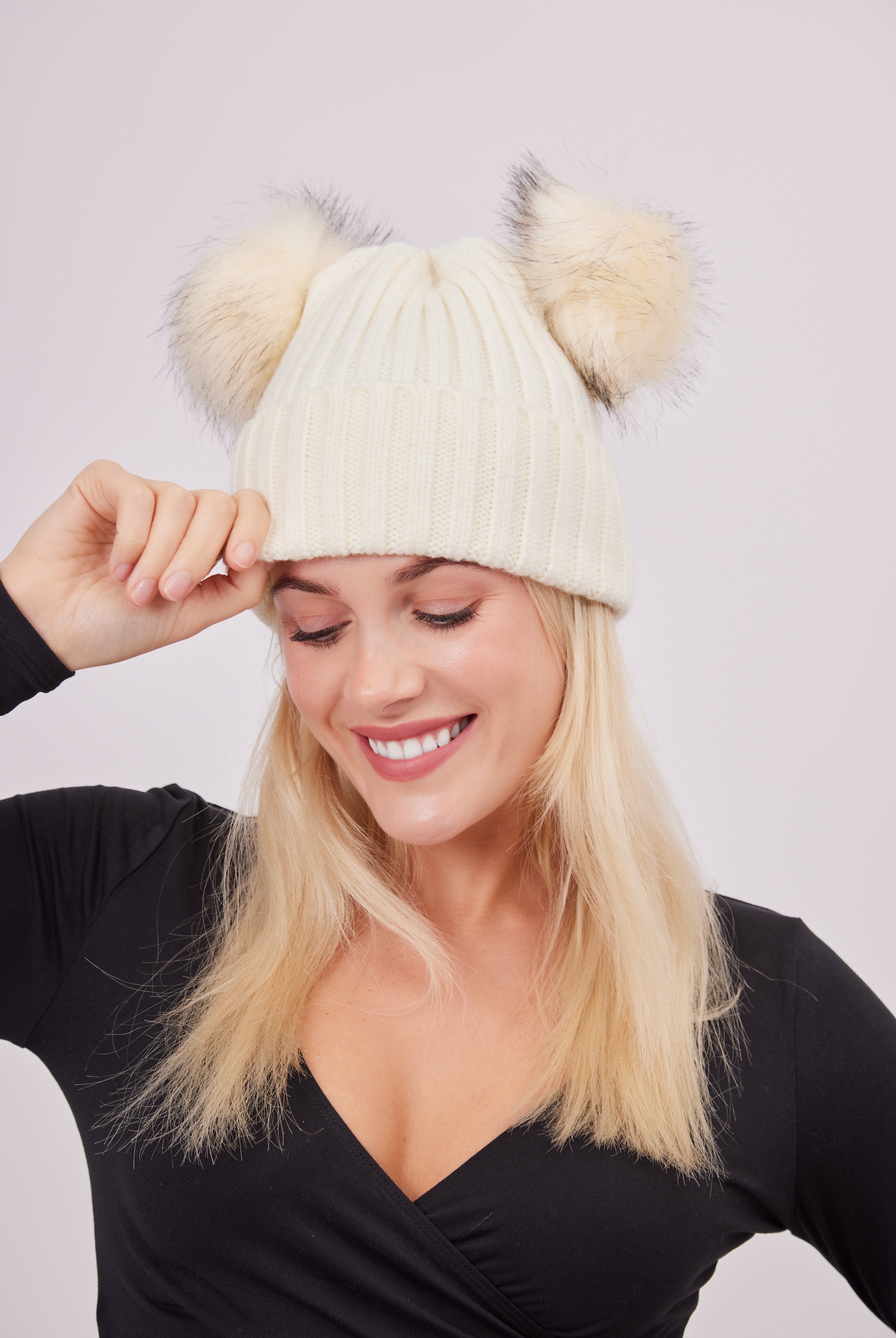 My Accessories London Knitted Double Fur Pom Beanie in White | Hat | Pom Pom | Women's Accessories | Autumn | Winter | Basics