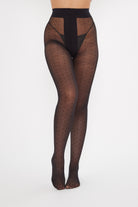 Black fishnet tights with a subtle pattern on a white background