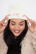 Woman's Beanie with Pink Ribbon Bow in Cream