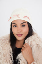 Woman's Beanie with Pink Ribbon Bow in Cream