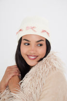 Woman's Beanie with Pink Ribbon Bow in Cream