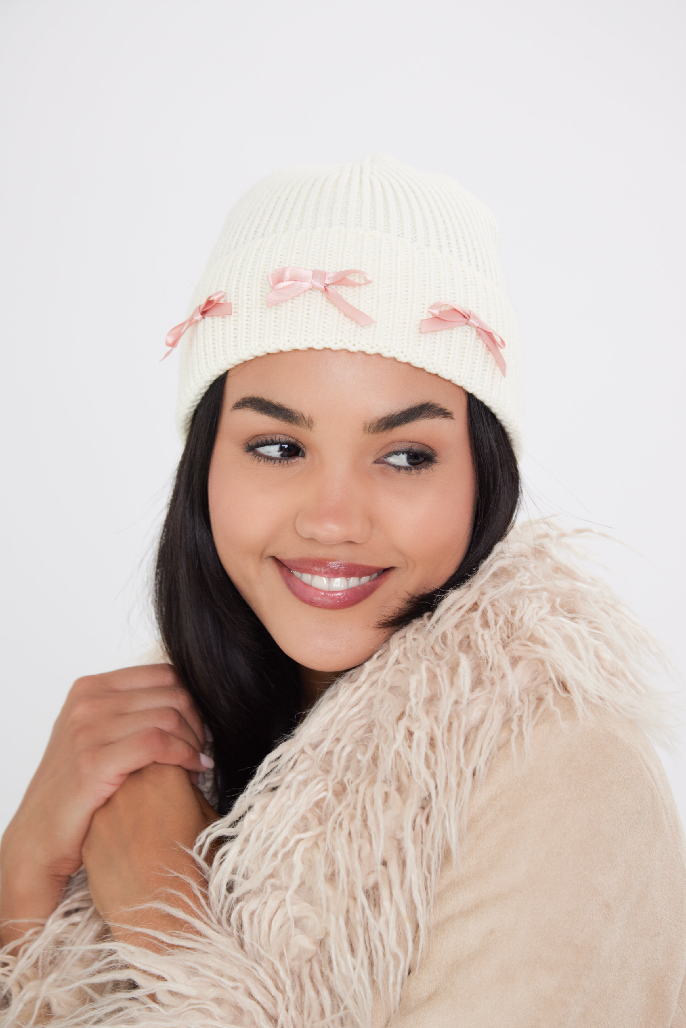 Woman's Beanie with Pink Ribbon Bow in Cream